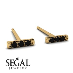 3 Black Diamonds Earrings Studs Gold 14K-18K Gold Stud Earrings Black Diamond Gift for Birthday - Mina