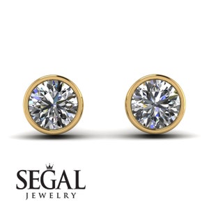 Bezel Set Diamond Stud Earrings Gold 14K-18K Gold Bezel Diamond Earrings Studs Everyday Earrings - Royal