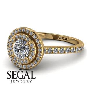 Anello di fidanzamento con diamante a doppio alone rotondo in oro giallo 14k