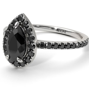 Pear Halo Engagement Ring White Gold 14K-18K White Gold Unique Rings Pear Shaped Halo Engagement Ring for Women Black Diamond Ring - Janet