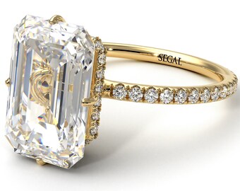 Hidden Halo Emerald Cut Diamond Engagement Ring Gold 14K-18K Gold Unique Rings Hidden Halo Emerald Cut Diamond Ring for Her - Vanessa