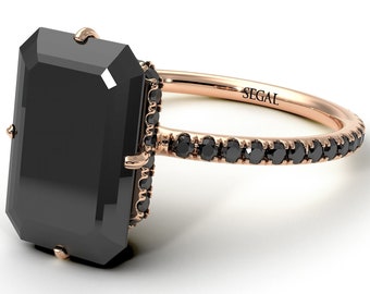 Hidden Halo Black Emerald Cut Diamond Engagement Ring Rose Gold 14K-18K Rose Gold Hidden Halo Emerald Cut Black Diamond Ring Gift - Vanessa