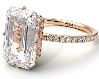 Hidden Halo Emerald Cut Diamond Ring Rose Gold 14K-18K Rose Gold Unique Rings Hidden Halo Emerald Cut Diamond Engagement Ring - Vanessa