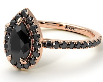 Pear Shaped Halo Engagement Ring Rose Gold 14K-18K Rose Gold Unique Rings Pear Shaped Halo Black Diamond Ring Engagement Gift - Janet