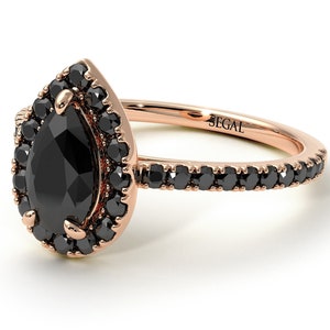 Pear Shaped Halo Engagement Ring Rose Gold 14K-18K Rose Gold Unique Rings Pear Shaped Halo Black Diamond Ring Engagement Gift - Janet
