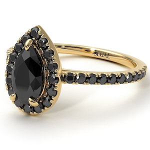 Pear Shaped Halo Black Diamond Ring Gold 14K-18K Gold Unique Rings Pear Halo Engagement Ring for Girlfriend - Janet