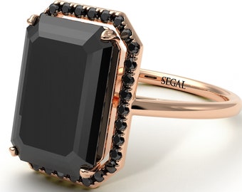 Engagement Ring Emerald Cut Halo Black Diamond Rose Gold 14K-18K Rose Gold Unique Rings Emerald Cut Halo Black Diamond Ring Gift - Izabella