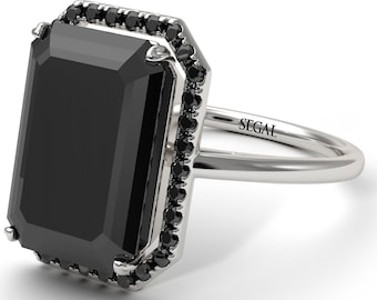 Engagement Ring Emerald Cut Halo Black Diamond White Gold 14K-18K White Gold Unique Rings Emerald Cut Halo Black Diamond Ring - Izabella