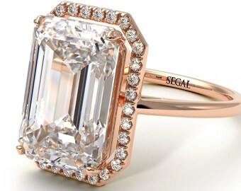 Engagement Ring Emerald Cut Halo Diamond Rose Gold 14K-18K Rose Gold Unique Rings Emerald Cut Halo Diamond Ring for Women - Izabella