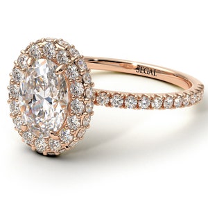 Anello di fidanzamento con alone di diamanti ovali in oro rosa 18K-14K Anello di fidanzamento unico con alone di diamanti Anello ovale con promessa per donna - Amy