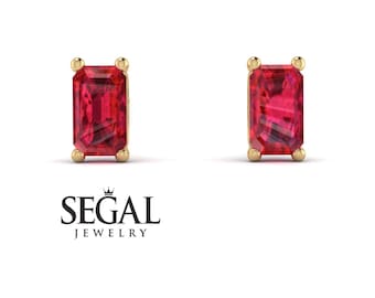 Hidden Diamonds Emerald Cut Ruby Earrings Gold 14K-18K Gold Stud Earrings Ruby Gemstone Red Earring Birthday Gift Ideas - Angel