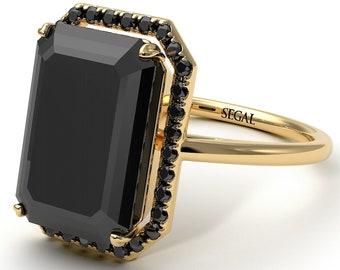 Engagement Ring Emerald Cut Halo Black Diamond Gold 14K-18K Gold Unique Rings Emerald Cut Halo Black Diamond Ring for Her - Izabella
