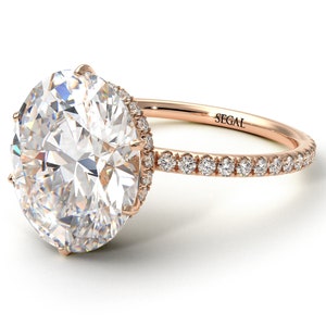 Anelli di fidanzamento con diamanti ovali Anello in oro rosa 14K-18K Anello di fidanzamento ovale con alone nascosto di diamanti Gioielli unici - Gemma