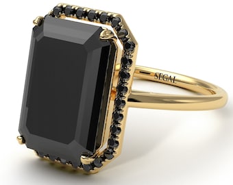 Emerald Cut Engagement Rings Halo emerald cut Black Diamond ring with hidden Black Diamonds gift for her - Izabella