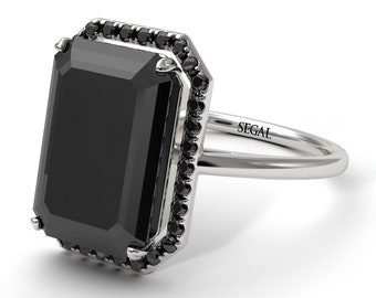 Halo Emerald Cut Engagement Ring Halo Black Diamonds 14K-18K White Gold Ring Emerald Cut Black Diamond Ring Halo Diamond - Izabella