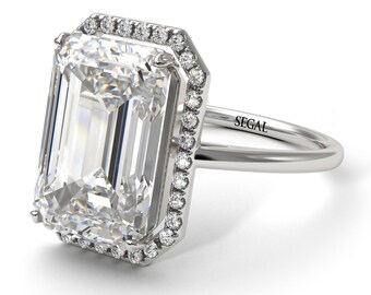 Halo Emerald Cut Engagement Ring Halo White Diamonds 14K-18K White Gold Ring Emerald Cut Diamond Ring Halo Diamond - Izabella