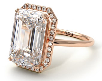 Halo Emerald Cut Engagement Rings Halo White Diamonds 14K-18K Rose Gold Ring Emerald Cut Diamond Ring Halo Diamond - Izabella