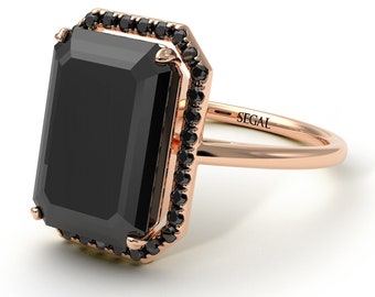 Halo Emerald Cut Engagement Ring Halo Black Diamonds 14K-18K Rose Gold Ring Emerald Cut Black Diamond Ring Halo Black Diamond - Izabella