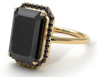 Halo Emerald Cut Engagement Rings Halo Black Diamonds 14K-18K Gold Ring Emerald Cut Black Diamond Ring Halo Black Diamond - Izabella