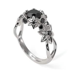 Flower Black Diamond Ring White Gold 14K-18K White Gold Unique Rings Flowers Engagement Ring for Her - Katherine