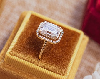 Emerald Cut Cubic zirconia Engagement Ring Gold 14K Gold Unique Rings Halo Emerald Cut Engagement Ring - Ready to Ship