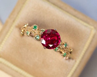 Anillo de rubí de oro de 14 quilates y 18 quilates. Anillo de compromiso único con rubí. Regalo de aniversario.