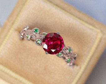 Red Ruby Ring White Gold 14K-18K White Gold Ruby Ring Unique Engagement Rings Ruby Jewelry Gift for Women