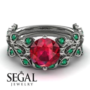 2ct ruby wedding Engagement Rings bridal set for womens 18k white gold ring Leaves All Around ruby engagement wedding rings