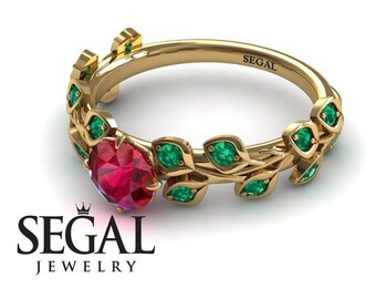 Einzigartiger Verlobungsring 14K Gelbgold Blätter Und Zweige Vintage Rubin mit Grünem Smaragd - Sydney Leafs Engagement Ring