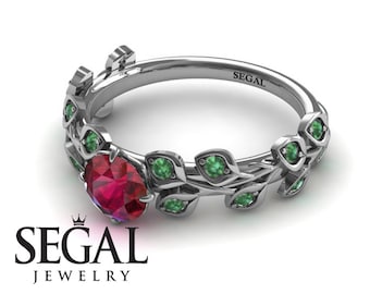 Einzigartiger Verlobungsring 14K Weißgold Blätter und Zweige Vintage Rubin mit Grünem Smaragd - Sydney Leafs Engagement Ring