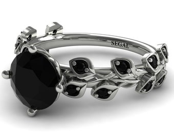 Platinum ring black diamond engagement rings for women, Black diamonds 2 ct engagement ring black leaves platinum black ring
