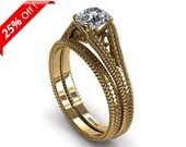 Vintage Wedding Set Matching Engagement Ring Band Wedding Set Bridal Set Yellow gold Ring Vintage Style Jewelry Set- Eva