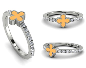 Enamel Clover Diamond Ring White Gold 14K-18K White Gold Lucky Clover Enamel Ring Diamond