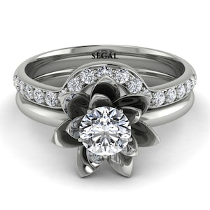Unique Lotus Platinum Solitaire diamond Bridal Set - Lotus