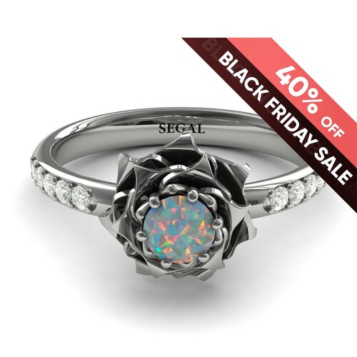 Black Opal Flower Engagement Ring Yellow Gold Etsy