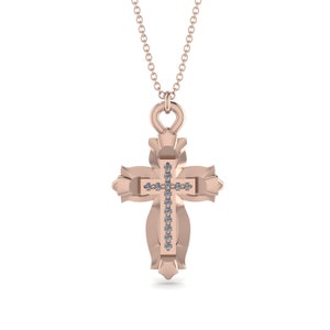 Cross Diamond Necklace Rose Gold 14K-18K Rose Gold Cross Pendant Necklace Unique Cross Necklace Diamond Jesus Christ - Ezra