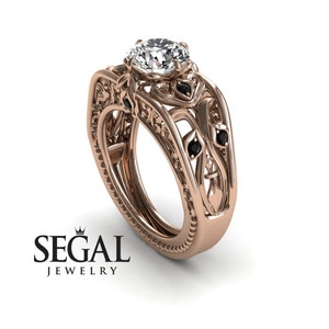 Unique Engagement Ring Diamond ring 14K Red Gold Art Deco Ring Filigree Ring White diamond With Black Diamond - Skyler Engagement Ring