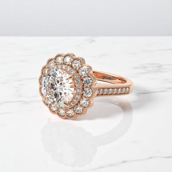 Elegant Double Halo Diamond Wedding Ring 2ct, 14K Rose Gold