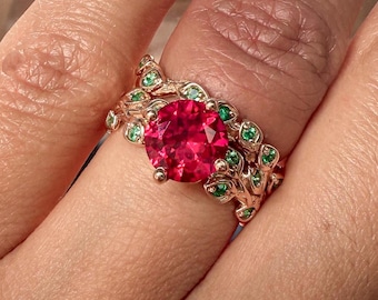 Anillos de compromiso y alianzas de boda con rubíes, anillos de rubí con forma de hoja, anillo de oro rosa de 14k, regalo de promesa con rubí