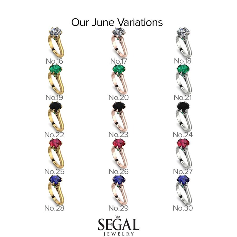 May include: A chart showing different variations of a June birthstone ring. The ring is available in gold, rose gold, and silver. The center stone is available in white, emerald, black, ruby, and sapphire.