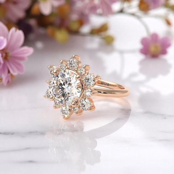 Elegant 2ct Snowflake Diamond Wedding Ring, 14K Rose Gold