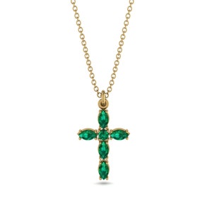 Emerald Cross Necklace Gold 14K-18K Gold Cross Pendant Emerald Necklace Green Gemstones Emerald Anniversary Gift - Silas