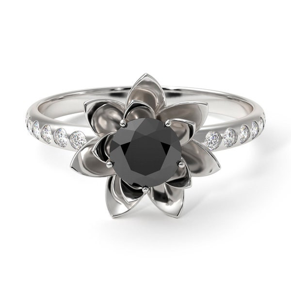 White Gold Engagement Ring Black Diamond Ring Flower Engagement Simple Ring For Her 14K White Gold Lotus Flower Ring - Lotus