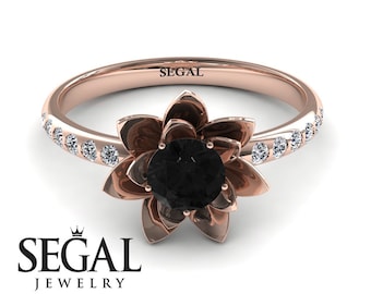 Black Diamond Ring Rose Gold Gothic Ring Lotus Engagement Ring Flower Ring Promise Ring For Her Black Diamond Ring - Lotus