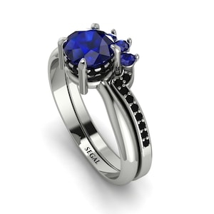 14K White Gold Minimalist Hidden Halo Sapphire Bridal Set Bridal-Set 100% Natural Blue Sapphire - Barbara