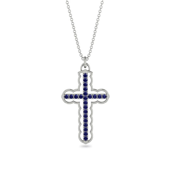 Sapphire Cross Necklace White Gold 14K 