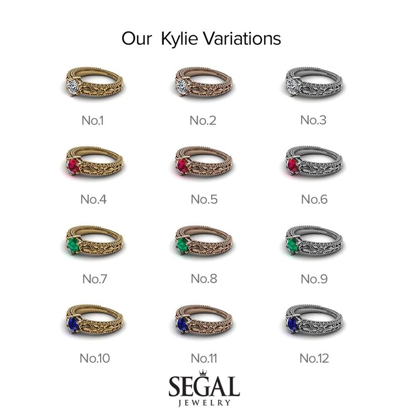 May include: Twelve variations of a gold, rose gold, and silver ring with different colored gemstones. The ring has a detailed, intricate design. The gemstones are a diamond, ruby, emerald, and sapphire.