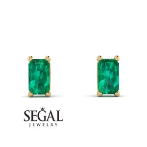 Emerald Cut Emerald Earrings Hidden Diamonds Gold 14K-18K Gold Stud Earrings Emerald Green Earring Perfect Gift for Her - Angel