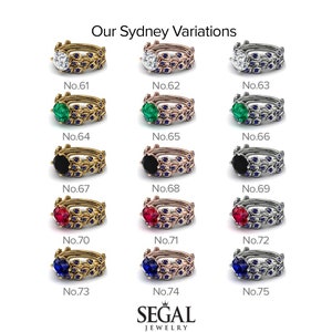 May include: A set of 12 variations of a gold, rose gold, and silver engagement ring with a leaf design. The centre stone is a round diamond, emerald, black diamond, ruby, or sapphire.