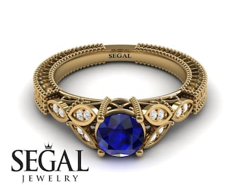 Victorian Engagement Ring Yellow Gold Leaf Edwardian Engagement Ring Blue Sapphire Ring Antique Ring Victorian Engagement Ring - Adeline